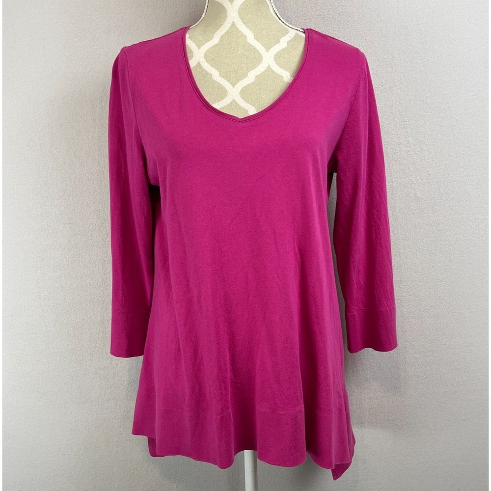 HABITAT V Neck Tunic Top Fuchsia Pink Split 3/4 Sleeve Cotton Stretch Size S